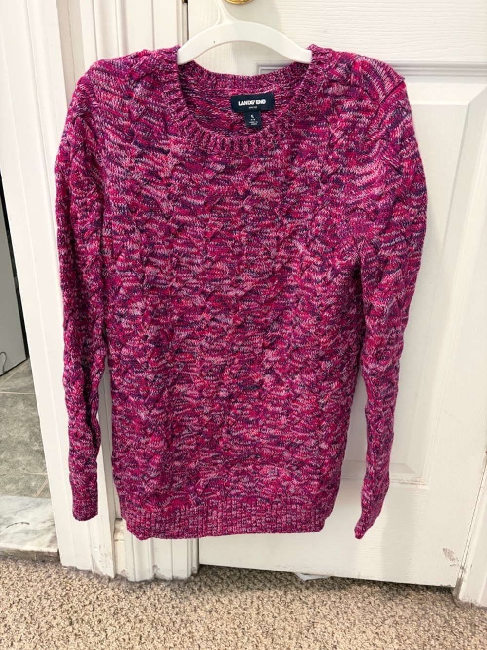 Lands' End Women's Drifter Pink Marled Cable Crew Neck Sweater
